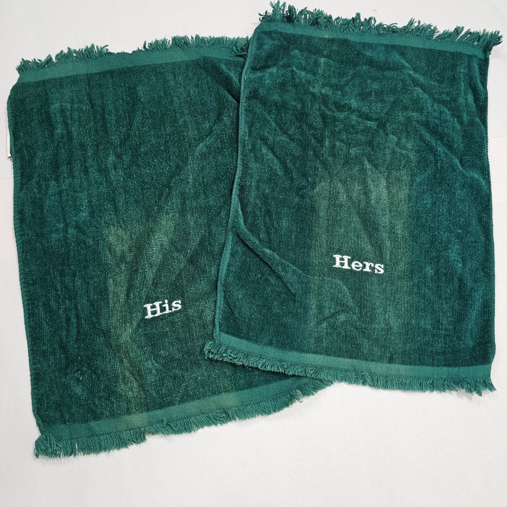 Franco VTG Hand Towel Set OS Green His and Hers Embroidered Fringed Cotton